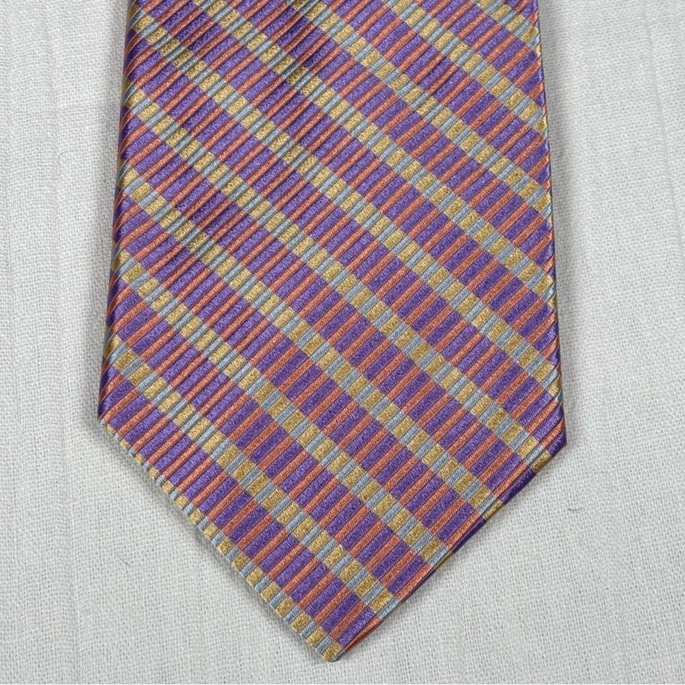 Tom James | Geometric Striped Silk Necktie Tie | Purple/Orange/Yellow/Light Blue
